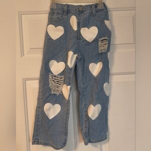 SHEIN Blue Denim White Hearts Distressed Kids Jeans Girls 7